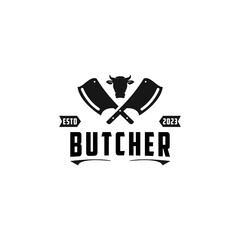 Crossed Cleaver Knife with Angus Head for butcher shop label logo design in retro vintage style