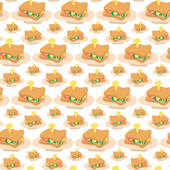 Pattern of colored cartoon Sandwiches seamless white background. The theme of breakfast, snack. Morning vibe. Breakfast for tea. Printing on textiles and paper. Packaging