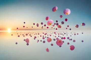 background with balloons, balloons flying over the water, reflection of balloons in the water, depiction of background with flowers and water reflection