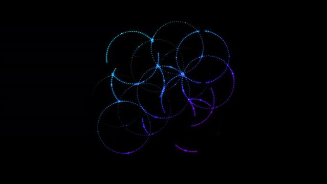 Flower of life, made from small neon blinking dots, light bulbs, with a beautiful and smooth gradient, isolated on a black background. Sacred geometry. 4k loop video animation 60 fp.