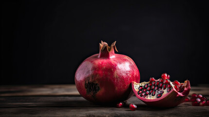 Fresh ripe pomegranate on a wooden background, generative ai