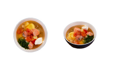 Ear. Traditional fish soup with salmon. Selective focus. Transparent