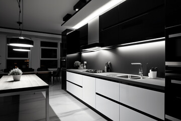 Interior modern kitchen in black and white theme design. Generative ai.