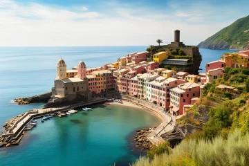 Foto auf Acrylglas Ligurien Panorama of Vernazza town in Cinque Terre, Liguria, Italy, Generative AI