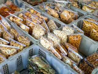 Jajan Pasar, Indonesian traditional snacks on street food market, in Yogyakarta, Indonesia