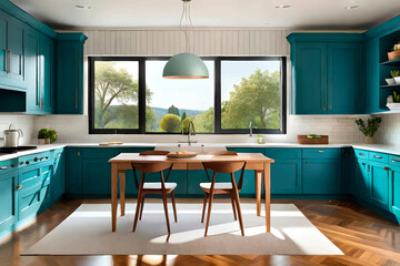 modern kitchen interior dining table and chairs blue tone