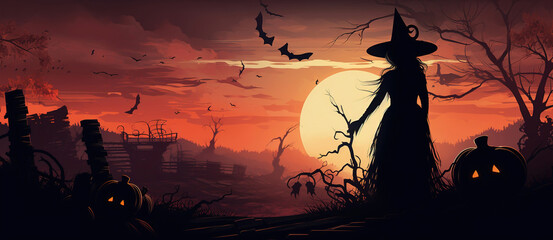 Halloween scene of a witch surrounded by glowing pumpkins, moon in the background, generative ai