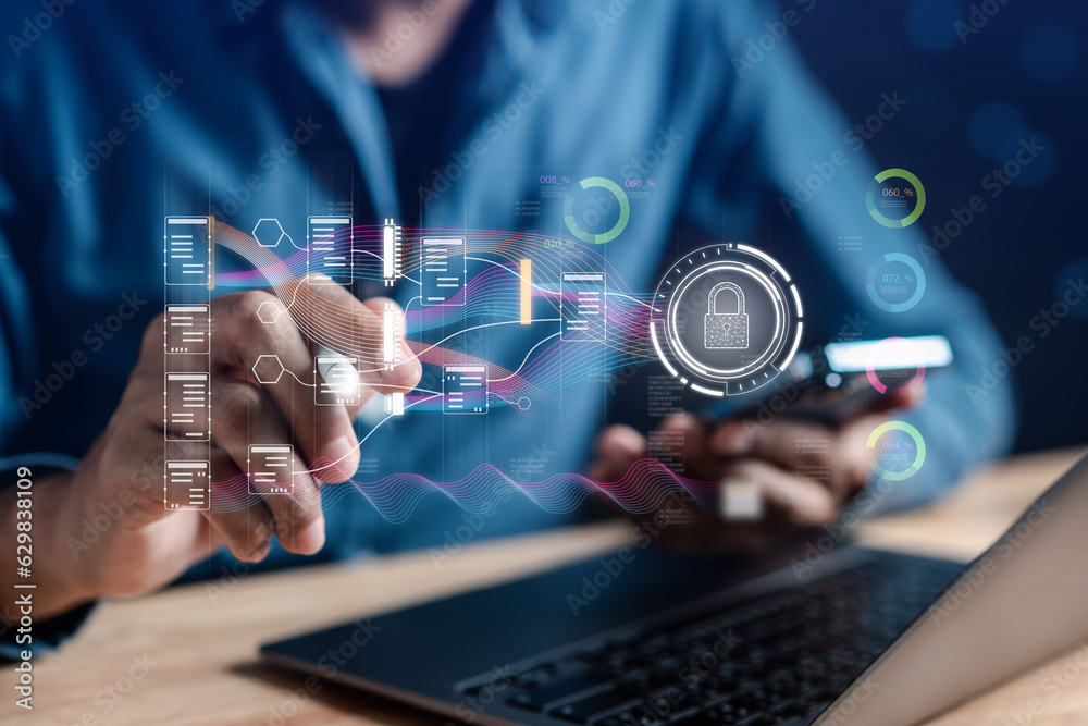 Aufkleber Businessman using ai technology for data analytics, Artificial Intelligence generate. Futuristic technology, robot in online system. Business in future to invest and develop corporate concept.