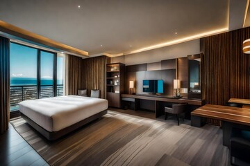 Fototapeta na wymiar Hotel room interior. Modern hotel. Seaside resort. Sea view. Bedroom interior. Cozy bedroom. Big double bed. Bedroom furniture.
