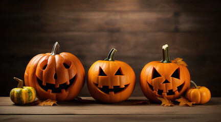 Three Halloween pumpkins on a table, generative ai