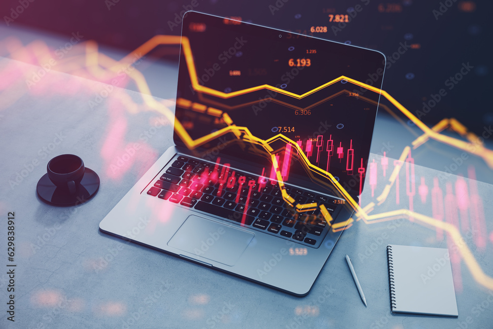 Poster Close up of laptop computer at workplace with coffee cup, notepad and falling forex chart with index on blurry background. Crisis and declining trade concept. Double exposure.