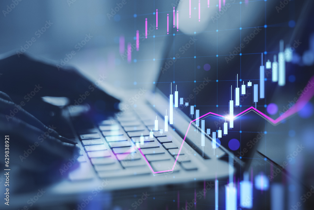 Poster close up of female hands using laptop keyboard at workplace with glowing candlestick forex chart on 