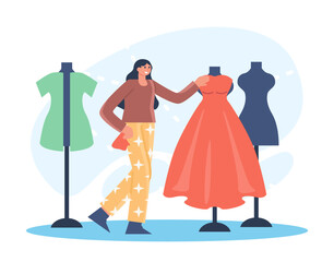 Woman selecting dress in salon. Designer clothes salon woman inspecting sewn dress. Choice of different dresses. Flat vector illustration in cartoon style
