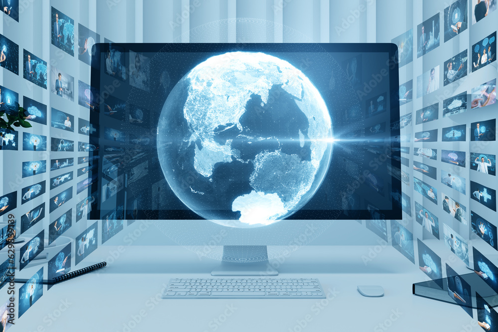 Aufkleber Close up of computer monitor with creative glowing polygonal globe with rows of images on blurry background. Connecting businesspeople, video conference concept.