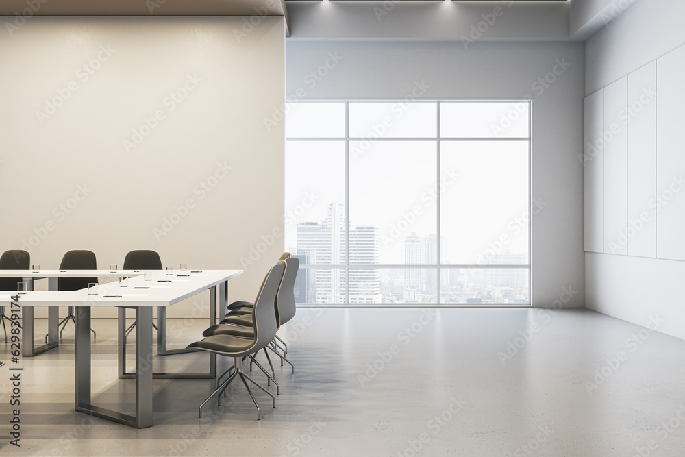 Poster clean concrete meeting room interior with empty mock up place on wall, furniture and window with cit