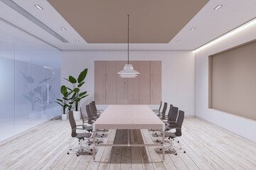 Fototapeta na wymiar Side view of modern empty boardroom interior with office desk and chairs, matte glass wall and wooden floor. 3D Rendering