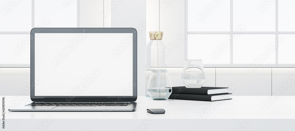 Poster Close up of wide white office desktop with empty laptop screen, supplies and other objects. Blurry concrete wall and window with city view in the background. Mock up, 3D Rendering.