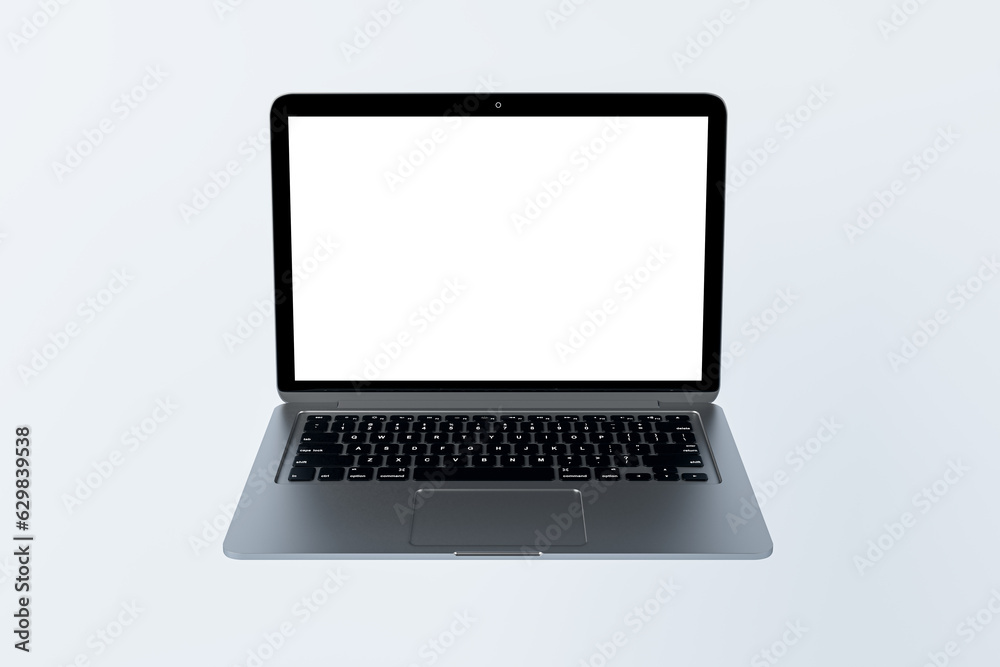 Poster blank laptop screen on light background. technology, mock up place and webinar advertisement concept