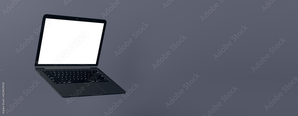 Poster clean laptop screen on light wide background. technology, mock up place and webinar advertisement co