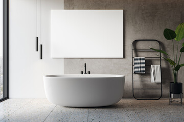 Obraz na płótnie Canvas Modern bathroom interior with empty mock up poster on wall, bathtub, furniture panoramic window with city view. 3D Rendering.