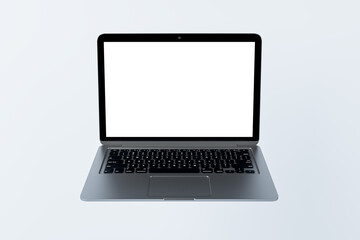 Blank laptop screen on light background. Technology, mock up place and webinar advertisement concept. 3D Rendering.
