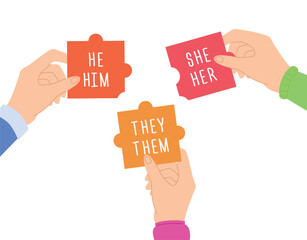Hands hold puzzles with gender pronouns. Gender diversity