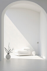 White studio wall with minimalist interior. Copy space.