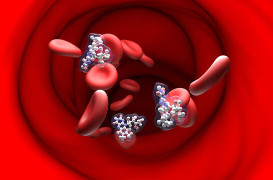 B2 vitamin (Riboflavin) structure in the blood flow – ball and stick section view 3d illustration