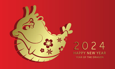 Gold paper cutting style new year zodiac dragon. Cute stylized shape cartoon dragon, happy chinese new year of the dragon 2024 with spring flowers decorations.