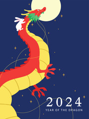 Chinese new year dragon cartoon illustration with rabbit. Happy lunar new year 2024 vector greetings card.