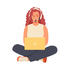 Young lady sitting in lotus position with laptop and chatting online. Customer service with virtual consultant. Client support department. Flat vector illustration in cartoon style in blue colors
