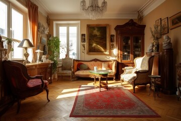 Living room full of antique furnitre, house interior design, Generative AI