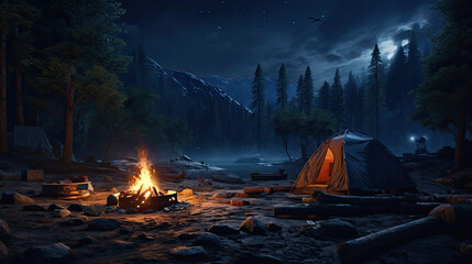 camp site a night with a tent and a campfire and a mysterious creature hiding and spying on the camp