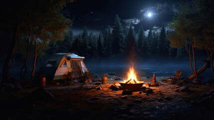 camp site a night with a tent and a campfire and a mysterious creature hiding and spying on the camp - obrazy, fototapety, plakaty