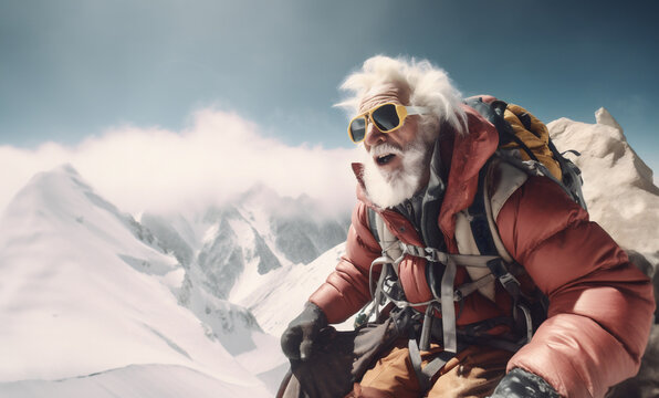 Senior man on top of a mountain in Himalayas, an active old man climber