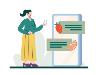 Female standing near big screen, holding smartphone and read about fruits. Healthy lifestyle concept. Natural good food, healthy eating concept. Choose vegetables and fruits. Flat vector illustration