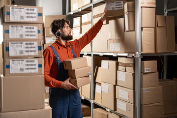 Male warehouse worker take box from shelf in big warehouse factory, Online shopping store for...