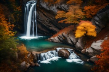 High angle view of waterfall and autumn tree