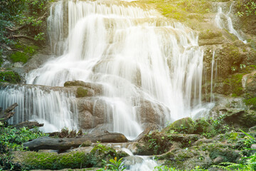 Natural waterfall view flowing through the rocky mountain with tropical forest and moss in sun light effect and dark green tone