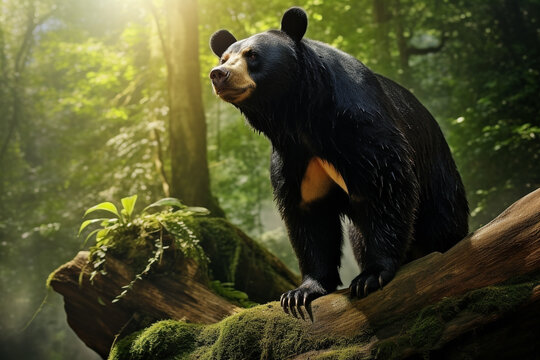 An image of a Malaysian sun bear standing on a tree trunk in a forest - Generative AI