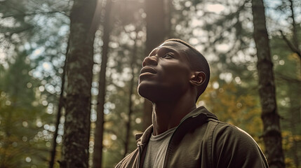 Naklejka premium A black man breaths fresh air on the forest. black people. Generative AI.