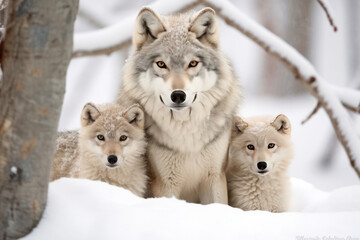 Obraz premium Mother wolf and wolf cubs in winter snow. Generative AI.