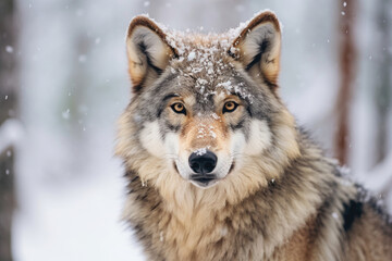 Adult wolf in winter snow. Generative AI.