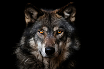 Obraz premium Adult wolf on black background. Generative AI.