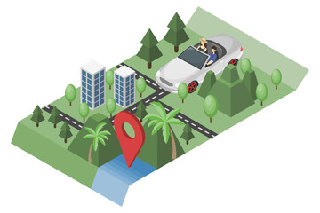 isometric a couple is driving a white silver convertible car on a 3D map surrounded by mountains, trees, and tall buildings with red point map on the sea. flat color illustration vector. 