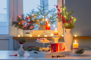 christmas decor and red cups with hot drink on kitchen