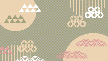 市松模様の背景にラフなラインの和柄が散らばった背景素材イラスト