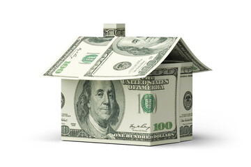 Money house dollar bill real estate isolated on white business finance wealth investment currency background of residential building property home mortgage concept or financial economy banking market.
