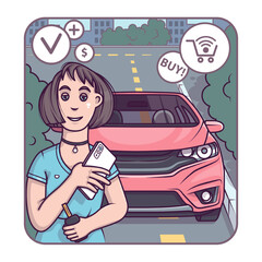 Woman holding smartphone and selecting new auto online. Buy or rental car concept. Purchase, sale or rental car. Car showroom. Flat vector illustration in cartoon style