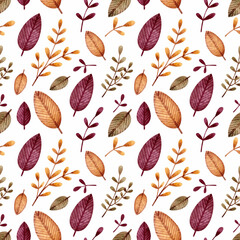 Obraz premium Seamless pattern with different autumn leaves and branches on a white background. Watercolor illustration. Wallpaper. Print on fabric and paper. Autumn. Nature. Natural. Handmade work. Bright. Art. 